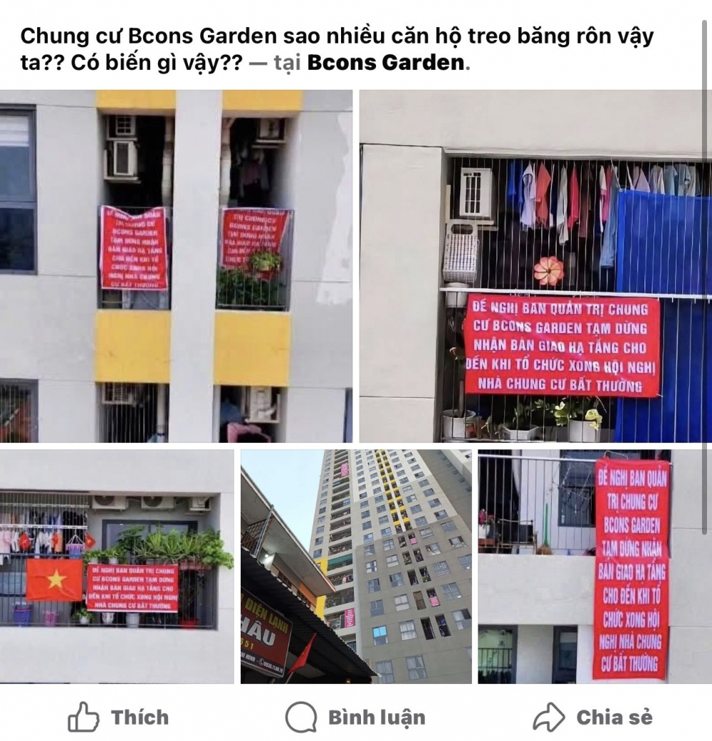 Một Fanpage đã đăng tải hình ảnh nhiều hộ dân tại Bcons Garden treo biển yêu cầu Ban quản trị tạm ngưng bàn giao hạ tầng. Ảnh: chụp màn hình