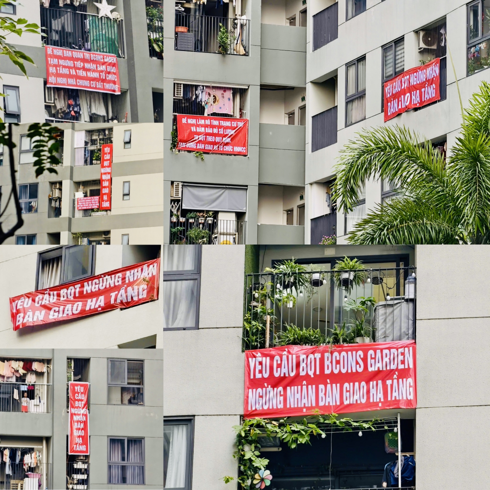 Bên trong nội khu chung cư Bcons Garden dày đặt các băng rộn đỏ của người dân yêu cầu BQT ngưng nhận bàn giao hạ tầng.