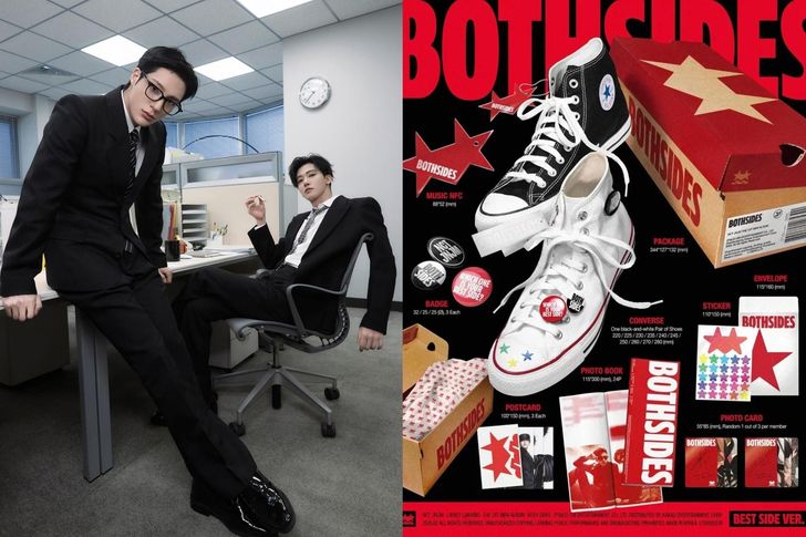 album Các thành viên của nhóm nhỏ JNJM thuộc NCT (bên trái) và giày Converse trong album đầu tay BOTH SIDES/ Ảnh do SM Entertainment cung cấp.