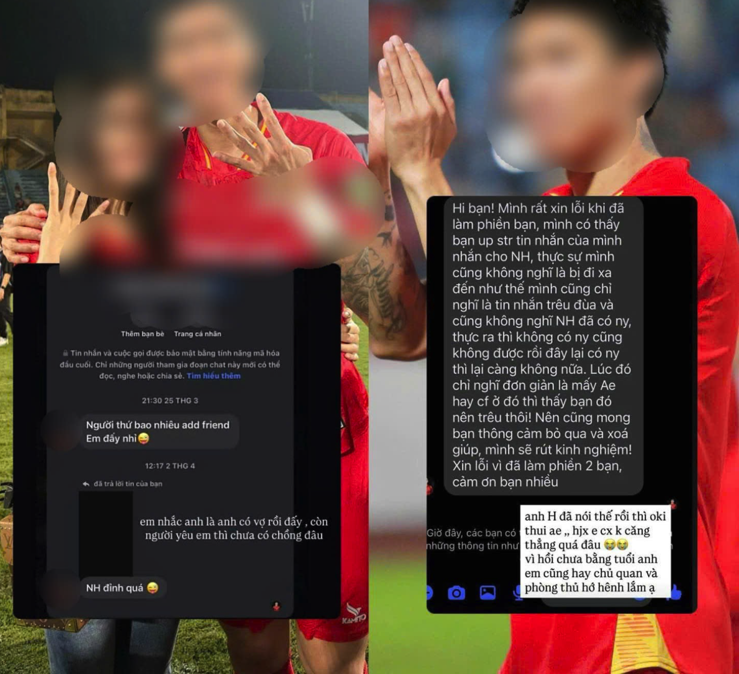Ảnh chụp màn hình tin nhắn trêu đùa và lời xin lỗi của nam cầu thủ. Ảnh chụp màn hình Facebook