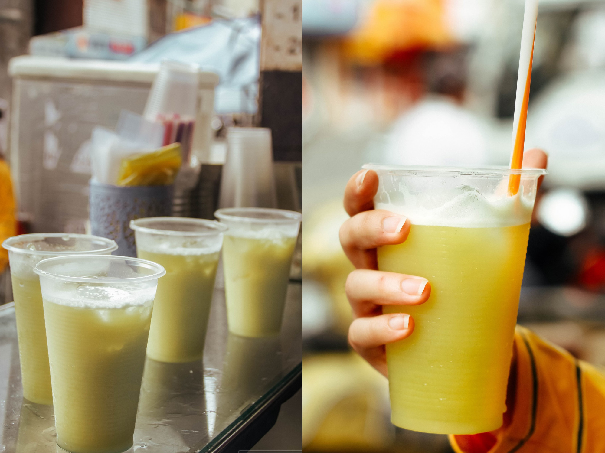 Ở mảng đồ uống, nước mía, nước dừa và nước hạt é gần như xuất hiện ở mọi góc phố. Ly nước mía mát lạnh pha chút tắc hay cam không chỉ giải khát mà còn cung cấp năng lượng nhanh chóng. Trong khi đó, nước dừa tươi hoặc biến tấu như dừa kem lại mang đến cảm giác dịu nhẹ, rất phù hợp cho những buổi trưa nắng gắt. Một trong những điểm bán đông khách là nước mía chợ Phú Nhuận (125A Phan Đình Phùng, phường Phú Nhuận), nổi tiếng với các biến tấu nước mía độc đáo. Giá từ 15.000-20.000 đồng/ly - Ảnh: Foody