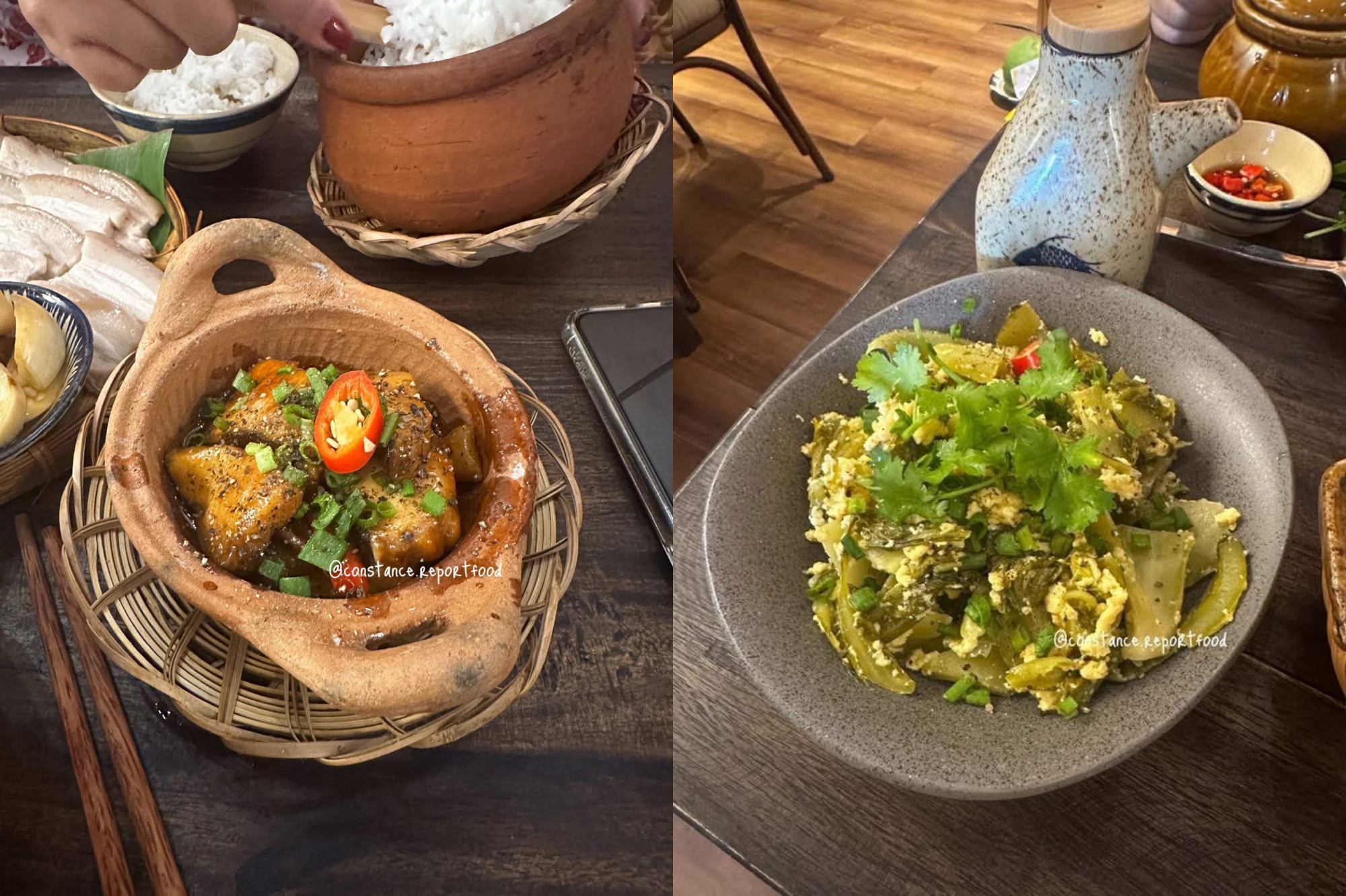 Ẩn mình trong khu Bàn Cờ sầm uất, Tiêm cơm Kho Tộ (114/1 Bàn Cờ, phường Bàn Cờ) ghi điểm với những phần cơm đậm đà, chuẩn vị cơm nhà. Các món kho tộ được nêm nếm kỹ, phần ăn đầy đặn, phù hợp với người thích bữa trưa no bụng. Không gian quán sạch sẽ, có thể ngồi lại ăn thoải mái. Dù vậy, vào khung giờ trưa, quán thường khá đông nên khách có thể phải chờ, đồng thời một số món có xu hướng đậm vị, không phù hợp với người ăn nhạt - Ảnh: @canstance.reportfood