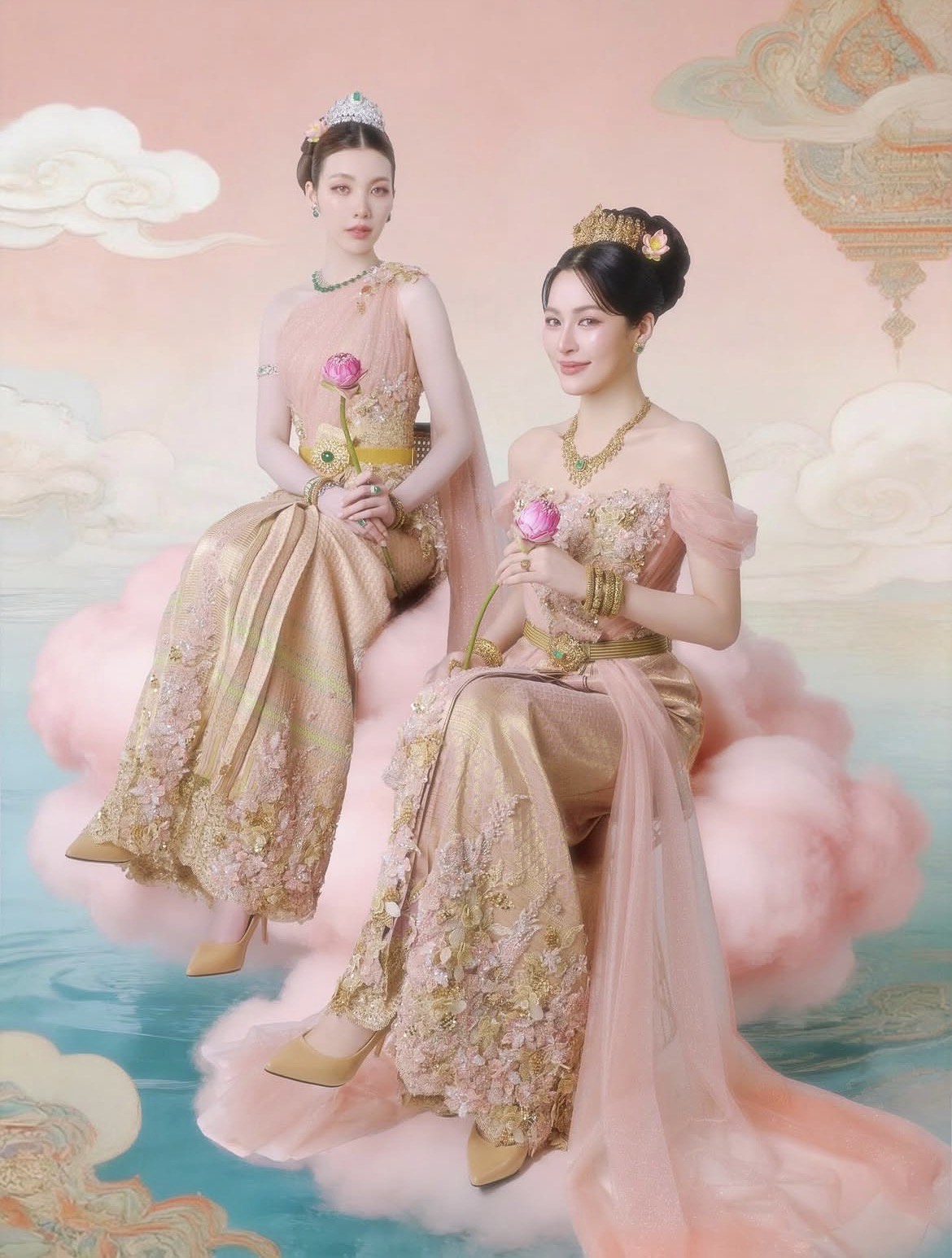 Ngoài Mai Davika, cặp đôi diễn viên Lingling Kwong và Orm Kornapat cũng gây ấn tượng khi xuất hiện trong trang phục truyền thống Thái Lan được biến tấu theo phong cách hiện đại. Cả 2 lựa chọn tông màu pastel ánh vàng và hồng phấn làm chủ đạo, gợi cảm giác dịu dàng, nữ tính nhưng vẫn toát lên vẻ sang trọng. Thiết kế váy mang phom dáng cổ điển với phần thân ôm sát, chân váy dài thướt tha, được thêu đính hoa văn tinh xảo lấy cảm hứng từ thiên nhiên. Kiểu tóc búi cao gọn gàng kết hợp lối trang điểm trong trẻo với tông hồng đào nhẹ, nhấn vào đôi mắt và làn da căng mịn, giúp tổng thể trở nên hài hòa. 