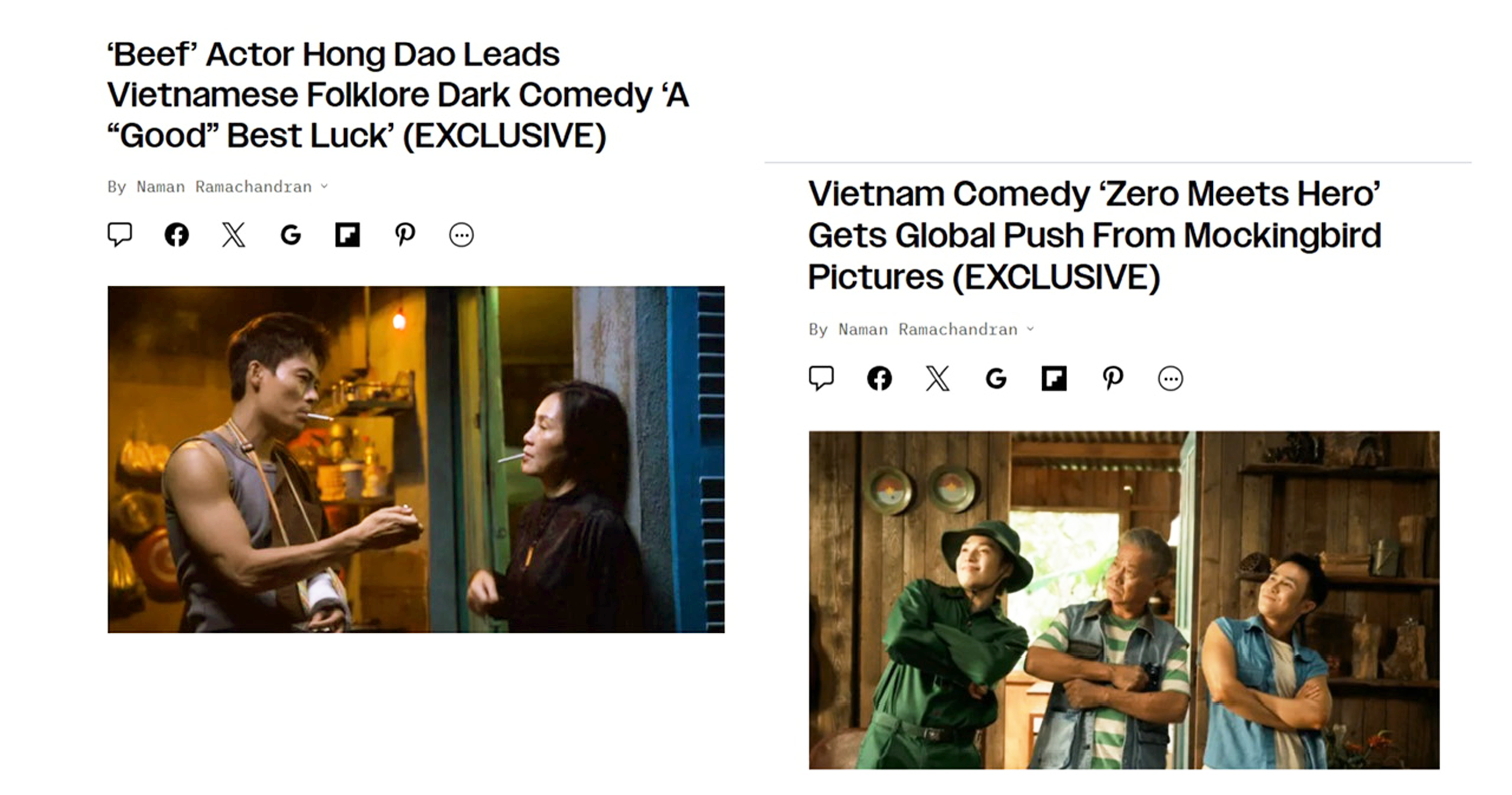 2 bài viết mới nhất trên tạp chí Variety nói về phim Lên hương có Hồng Đào đóng chính (trái) và phim hài Nghỉ hè sợ nghỉ hưu (phải) - Ảnh chụp màn hình