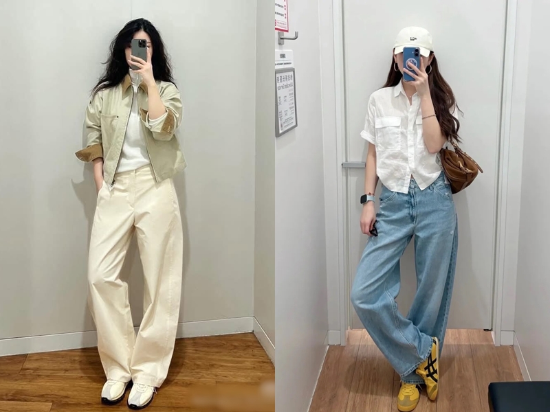 Tối giản kiểu Hàn Quốc: Áo khoác denim sáng màu hoặc áo sơ mi trắng phối cùng quần ống cong tối màu giúp tổng thể thanh lịch, nhẹ nhàng nhưng vẫn thời thượng.