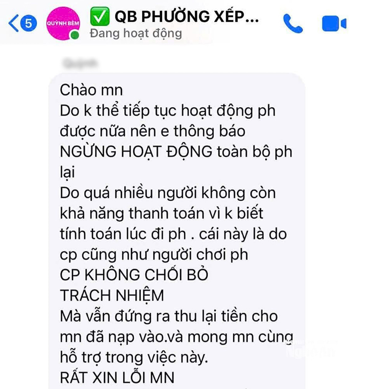 Thông báo về việc tạm dừng hoạt động nhóm Messenger của chủ hụi. Ảnh: Nhân vật cung cấp