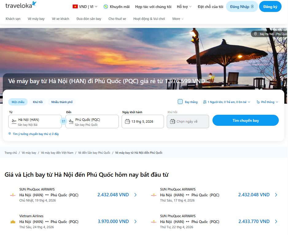 Traveloka giúp bạn săn vé máy bay Hà Nội Phú Quốc giá rẻ