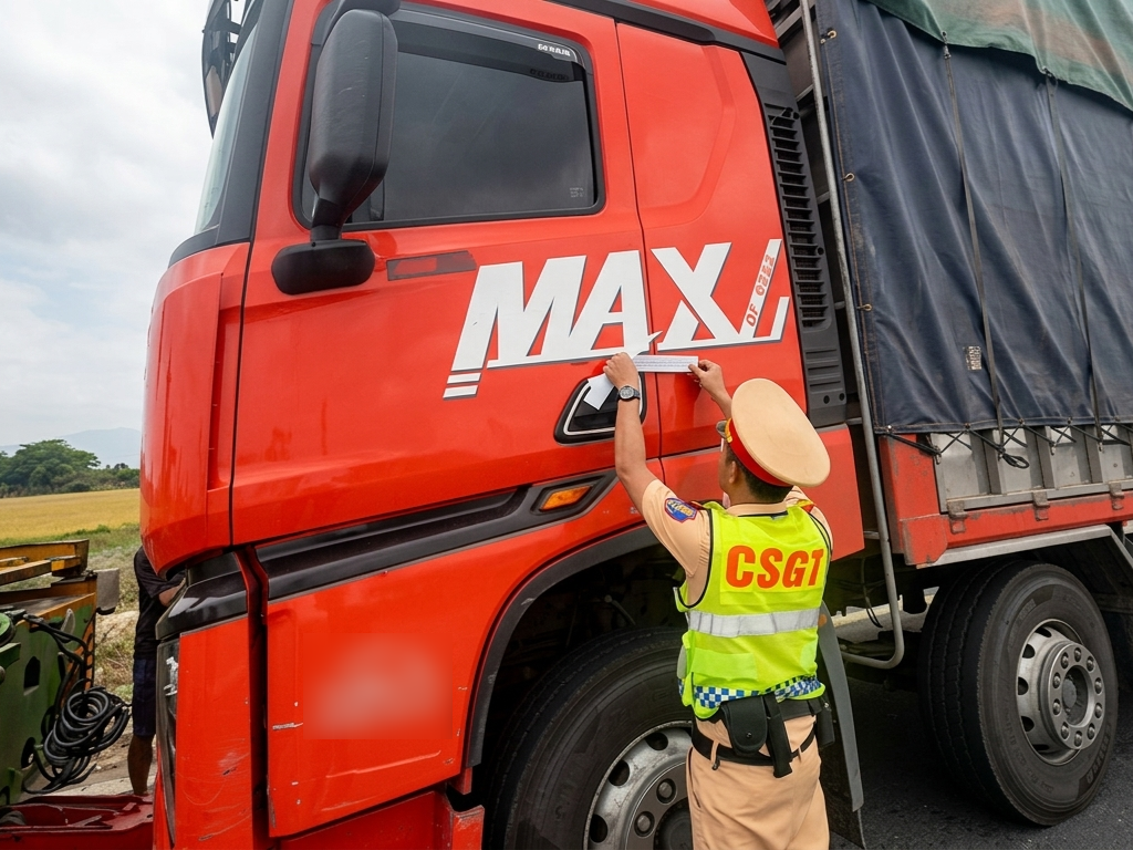 Chiếc xe tải vừa bị lực lượng CSGT phát hiện nhiều lỗi vi phạm - ảnh: CACC