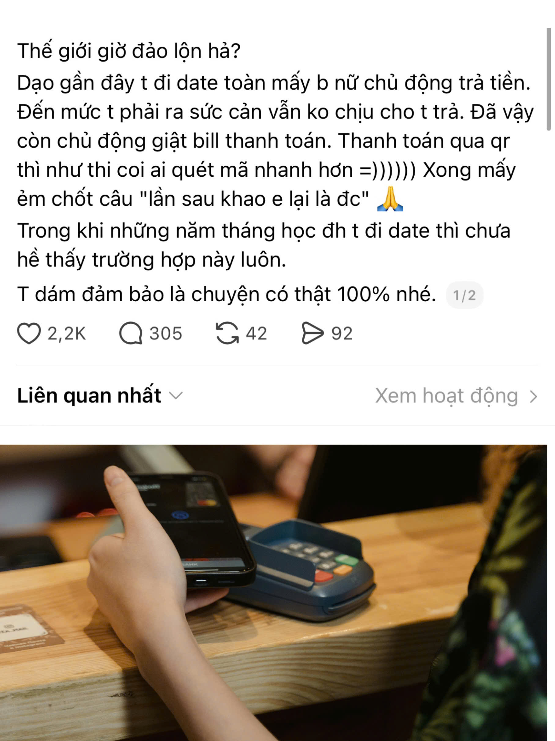 Bài đăng thú vị cảm thán về việc phái nữ chi trả chi phí hẹn hò - Ảnh lấy từ mạng xã hội
