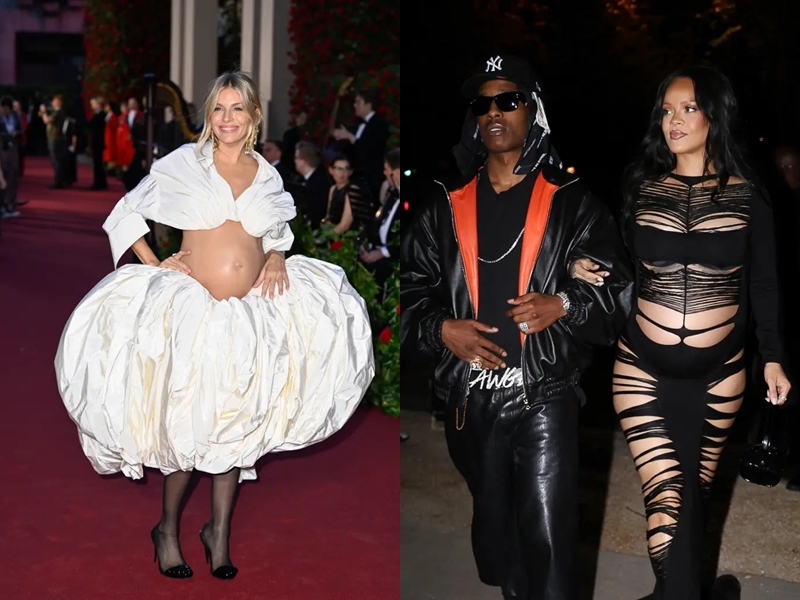 Sienna Miller (trái) trong trang phục bà bầu cao cấp tại Vogue World ở London vào tháng 9 năm 2023 và Rihanna gây ấn tượng với bộ váy cắt xẻ táo bạo khi mang thai đứa con thứ ba - Ảnh: 