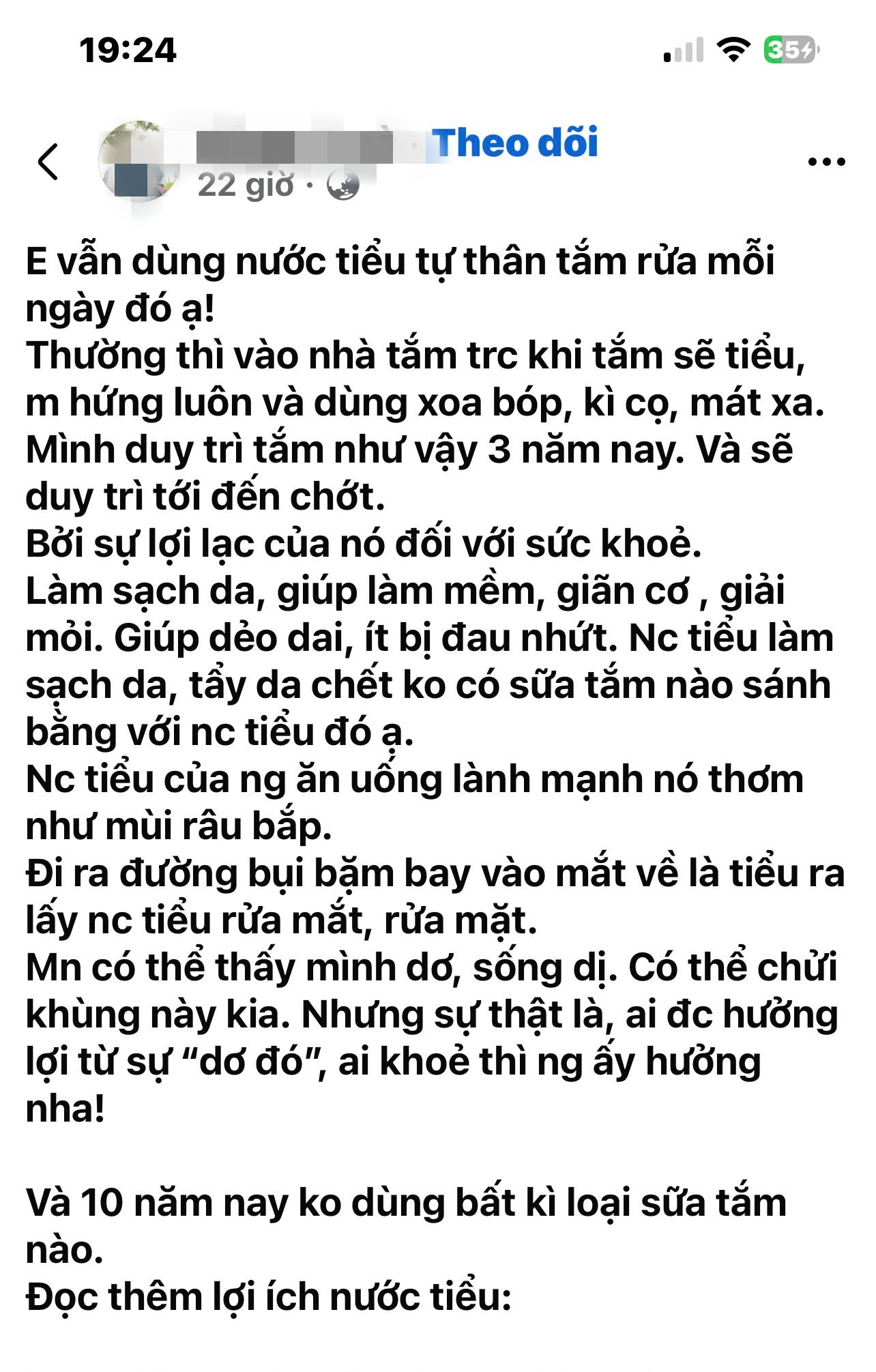 Tài khoản mạng chia sẻ về tác hại của nước tiểu - ảnh chụp màn hình