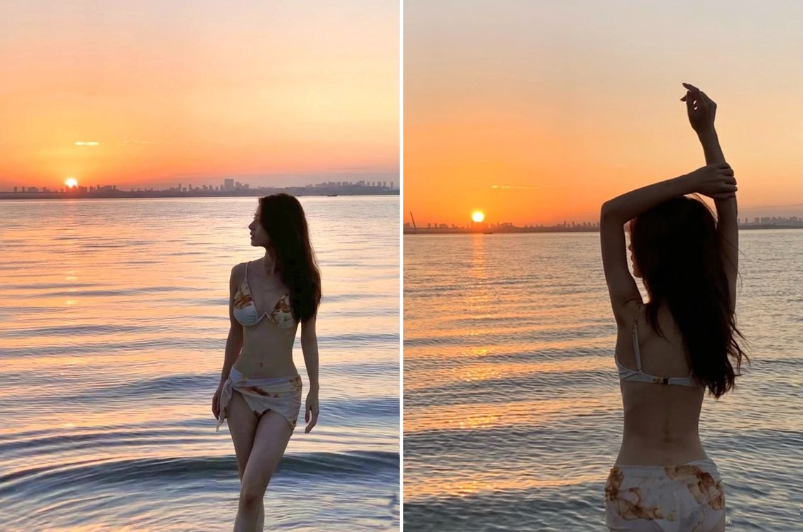 Đứng nghiêng khi chụp ảnh bikini giúp 'ăn gian' đường cong, vóc dáng trông thon gọn hơn - Ảnh: mạng xã hội