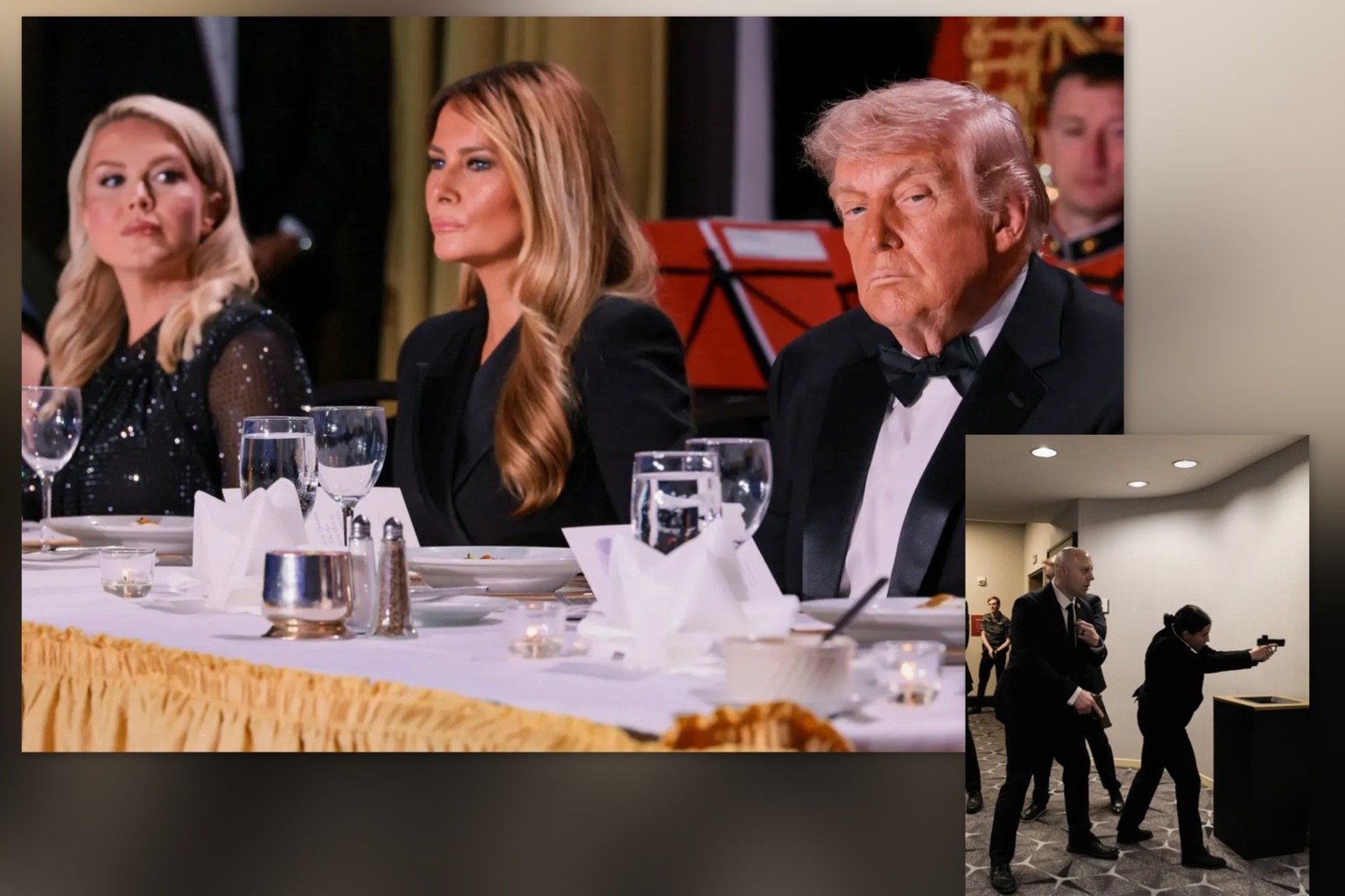 Ông Trump được các Mật vụ Mỹ hộ tống rời khỏi bữa tiệc - Ảnh: NY Times