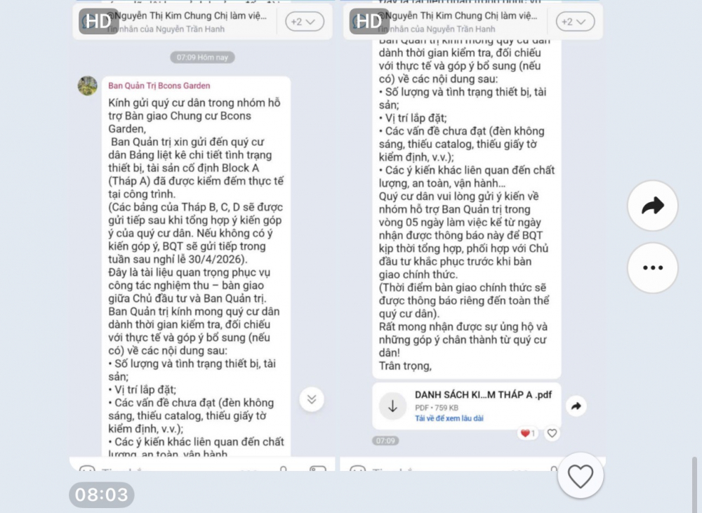 Ban quản trị 'âm thầm' làm việc với các nhóm nhỏ hỗ trợ, trong khi hơn 1.800 hộ dẫn vẫn không được biết, được quyết. Ảnh: Cư dân cung cấp/