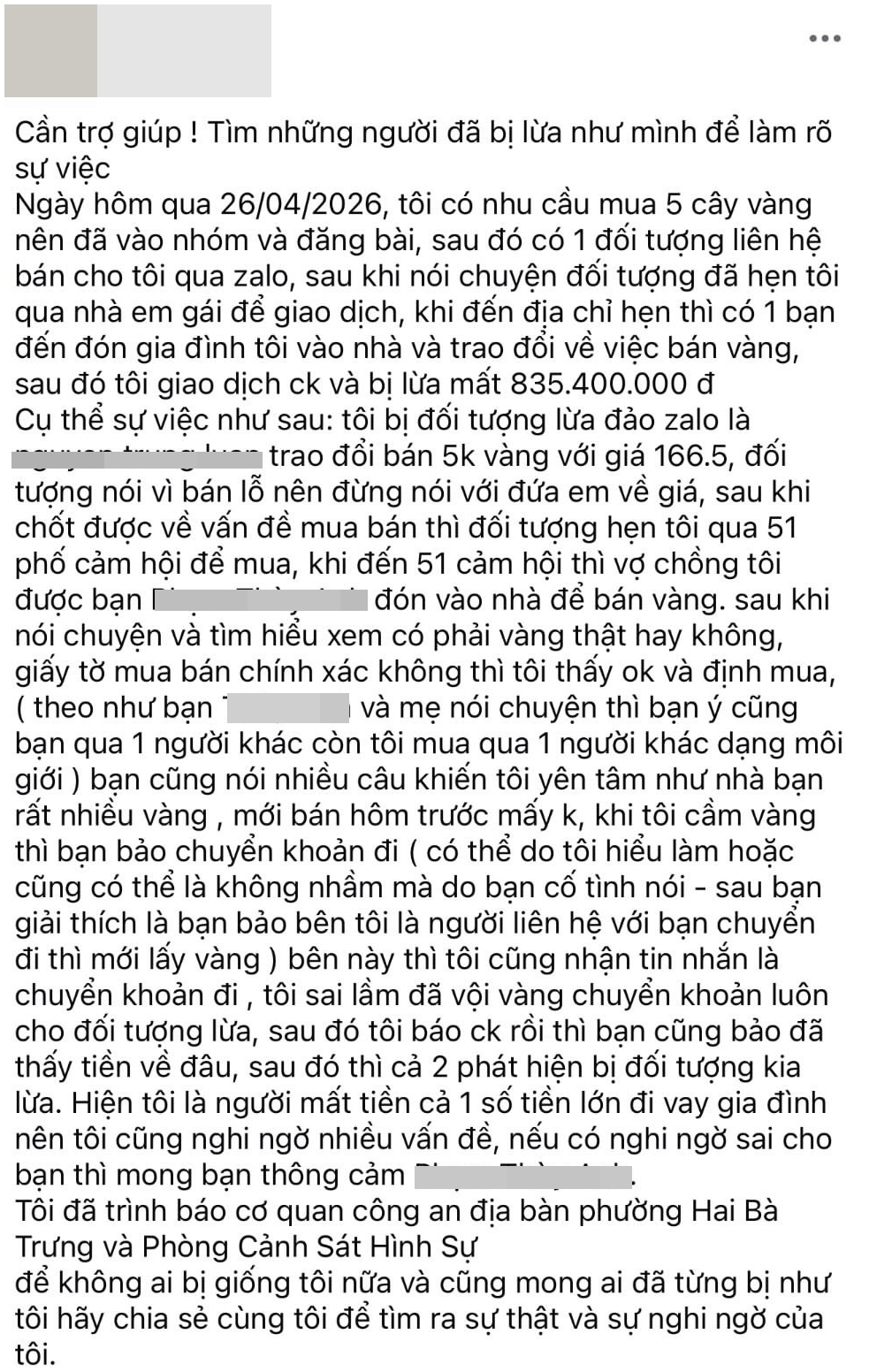 Anh V.Đ (Hà Nội) kể lại về sự việc bị lừa khi mua vàng qua mạng - Ảnh chụp màn hình