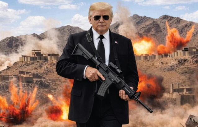 Một bức ảnh được Tổng thống Mỹ Donald Trump chia sẻ cho thấy ông cầm súng trường trước khung cảnh những vụ nổ, kèm chú thích Không còn là người tốt nữa. (Ảnh: Truth Social)