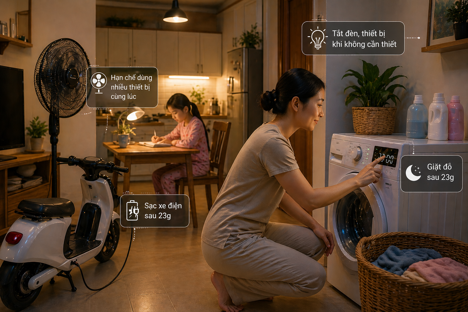 Trành dùng cùng lúc nhiều thiết bị giúp gia đình tôi tiết kiệm không tưởng - Ảnh: AI 