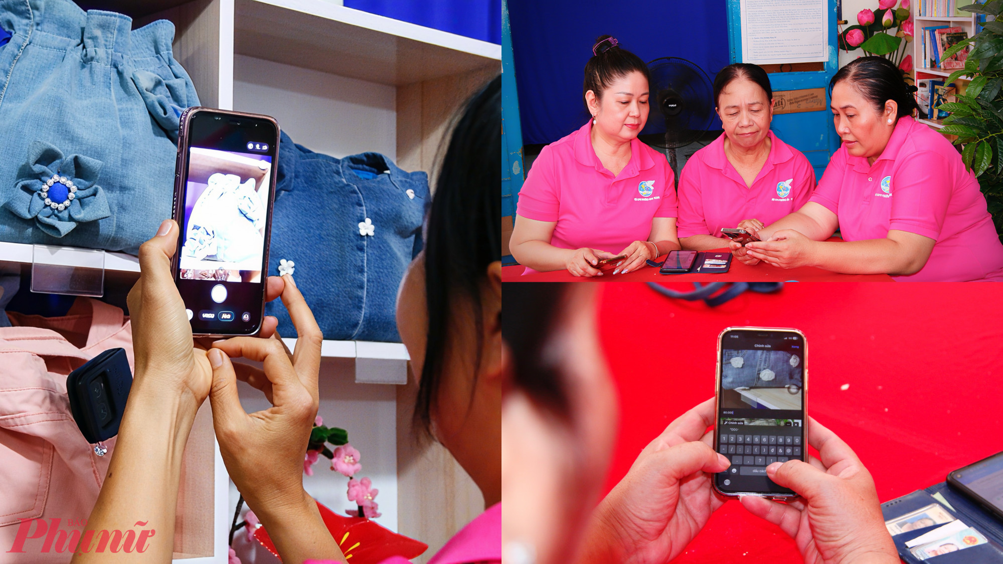 Bà Cao Thị Hiền - Phó chủ tịch Ủy ban MTTQ Việt Nam phường, Chủ tịch Hội LHPN phường Bình Thạnh - hướng dẫn chị em cách chụp ảnh sản phẩm, viết nội dung giới thiệu và đăng bán trên các fanpage của Hội.