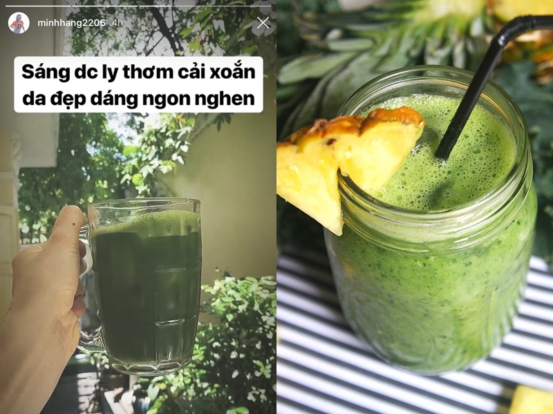Món sinh tố thơm cải xoăn không chỉ thanh mát mà còn giúp Minh Hằng giữ dáng - Ảnh: Instagram Minh Hằng
