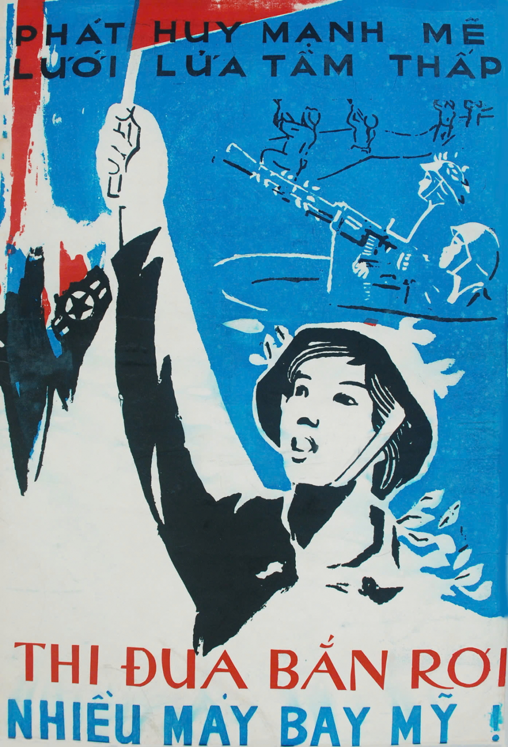 Tranh cổ động của họa sĩ Nguyễn Tiến Cảnh (1968). Đây là thời điểm cao trào cuộc chiến tranh phá hoại bằng không quân của Mỹ ra miền Bắc và phong trào “lưới lửa tầm thấp”  của dân quân tự vệ đang được đẩy mạnh - Nguồn ảnh: Bảo tàng Phụ nữ Việt Nam