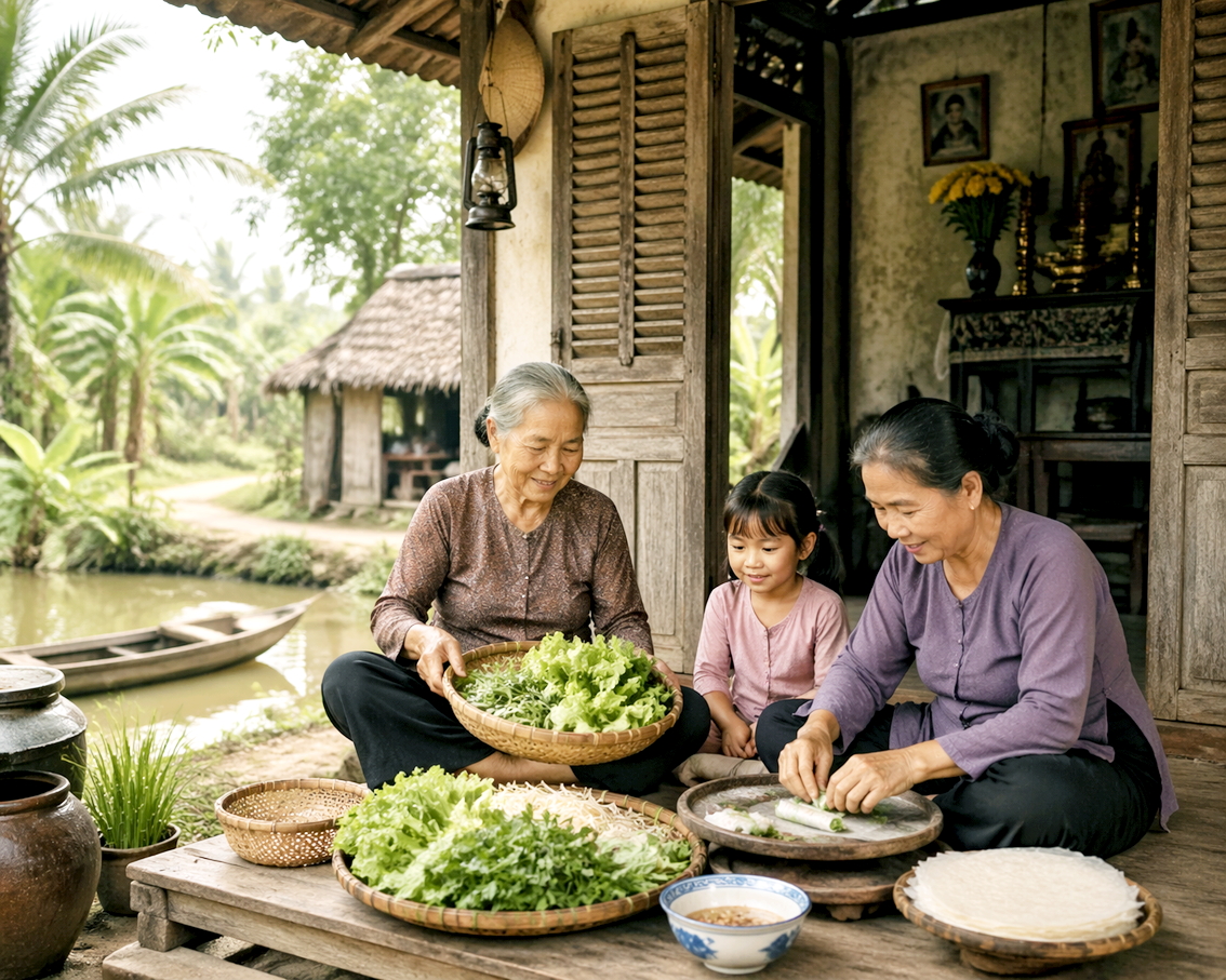 Ngày xưa, bà thường ngồi bên hiên làm món gỏi cuốn với thật nhiều rau xanh hái trong vườn - Ảnh minh họa do AI tạo