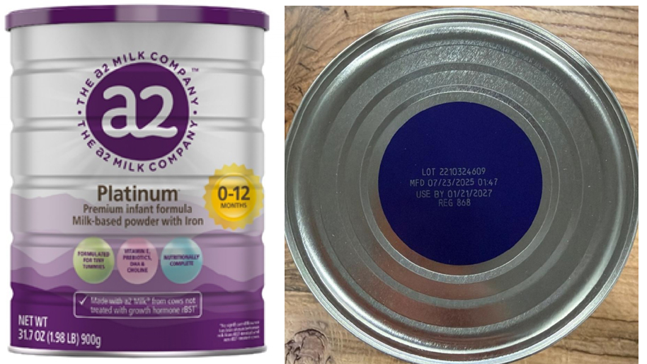Sản phẩm sữa bột a2 Platinum Premium dành cho trẻ 0-12 tháng tuổi bị thu hồi tại thị trường Mỹ. Ảnh: FDA