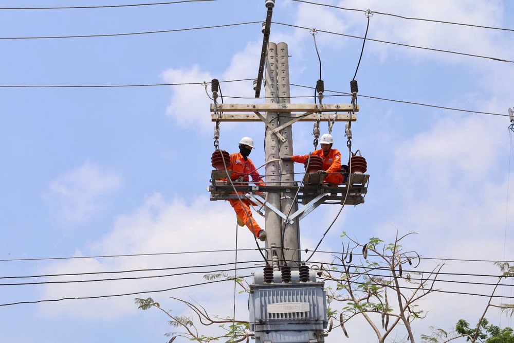 Công nhân Công ty Điện lực Đồng Tháp kiểm tra, bảo trì lưới điện trước các kỳ nghỉ lễ - Ảnh: EVNSPC