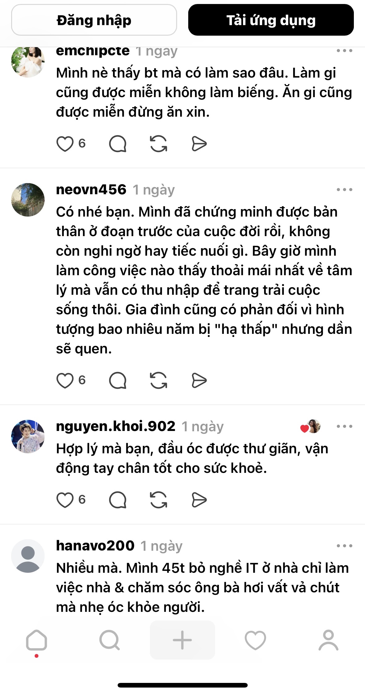 Những chia sẻ, phản hồi về việc nghỉ việc văn phòng ra lao động chân tay. Ảnh chụp màn hình