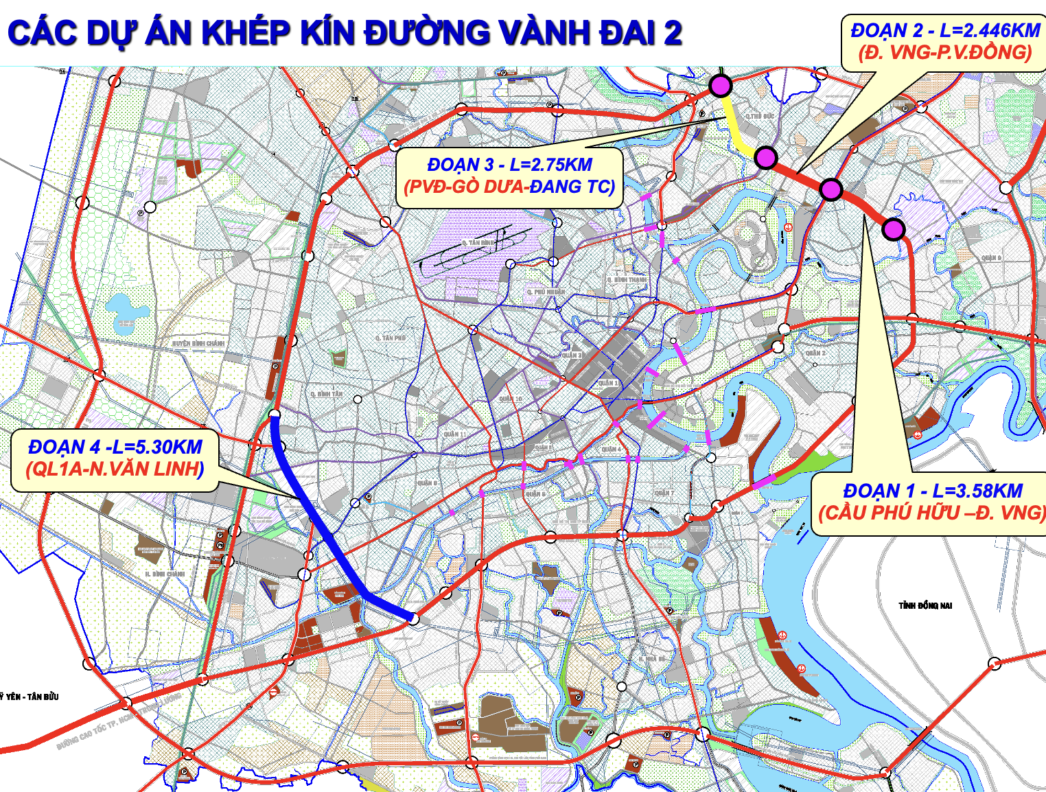 Vành đai 2 TPHCM có tổng chiều dài khoảng 64km. Đến nay, thành phố đã đưa vào khai thác khoảng 50km, còn lại 4 đoạn chưa được xây dựng để khép kín toàn tuyến. Ngoài hai đoạn sắp khởi công là đoạn 1 và đoạn 2 cùng đoạn 3 đang tái khởi động, đoạn 4 từ Quốc lộ 1 (nút giao An Lập) đến đường Nguyễn Văn Linh dài khoảng 5,3km hiện vẫn chưa được triển khai.
