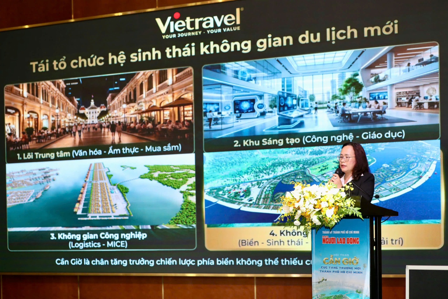 Bà Huỳnh Phan Phương Hoàng - Phó chủ tịch Hiệp hội Du lịch TPHCM, trình bày tham luận tại sự kiện - Ảnh: Vingroup