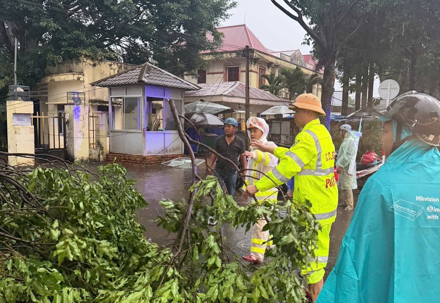 Lực lượng chức năng tổ chức xử lý tình trạng cây gãy đổ trên đường - ảnh: Phòng CSGT