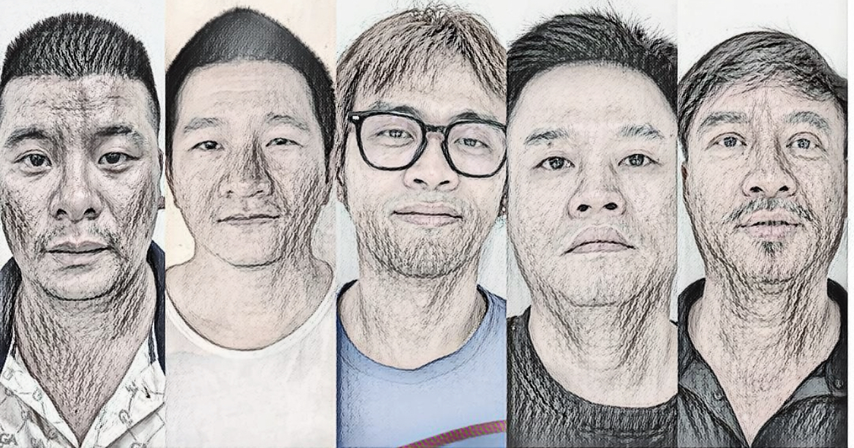 Các bị can Nguyễn Minh Đức, Ngô Thanh Tùng, Võ Hoàng Việt, Nguyễn Trung Trường Huy, Diệp Văn Lập (từ trái qua) - Ảnh: Bộ Công an