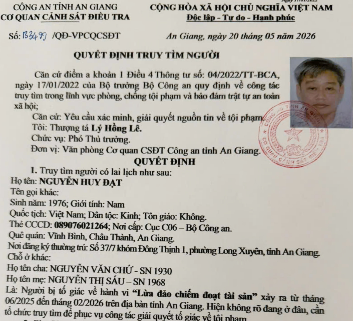 Quyết định truy tìm đối tượng Nguyễn Huy Đạt. Ảnh: CTV