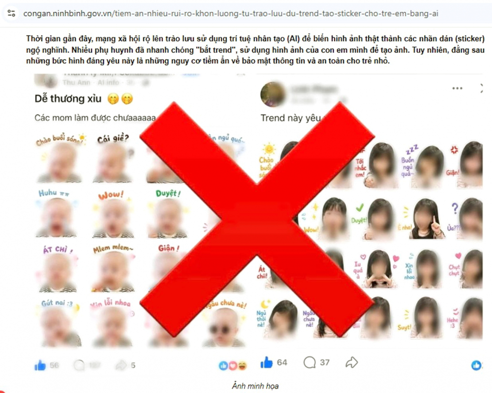 Bảo vệ trẻ trước nạn mượn gương mặt tạo nội dung xấu Công an tỉnh Ninh Bình cảnh báo nguy cơ từ trào lưu dùng AI tạo sticker cho trẻ em - Ảnh chụp màn hình