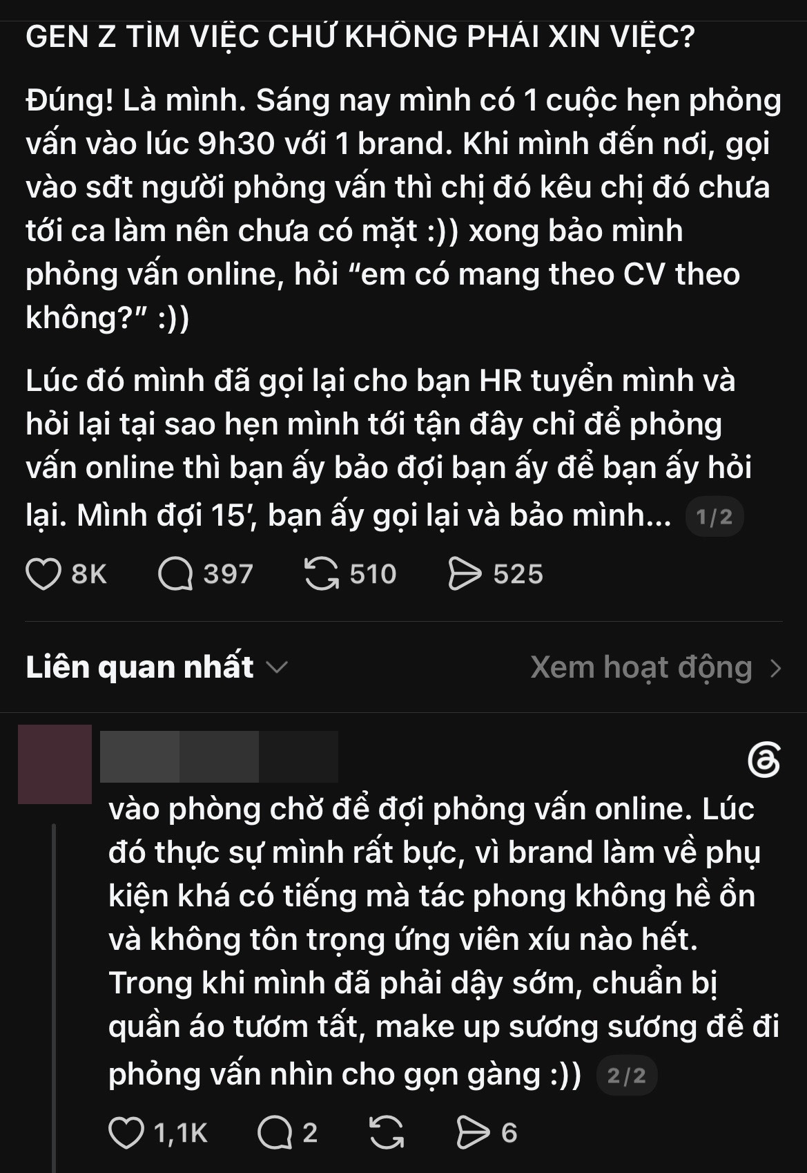 Câu chuyện gen Z từ chối cơ hội phỏng vấn vì cảm thấy doanh nghiệp thiếu tôn trọng nhận được nhiều lượt tương tác - Ảnh chụp màn hình