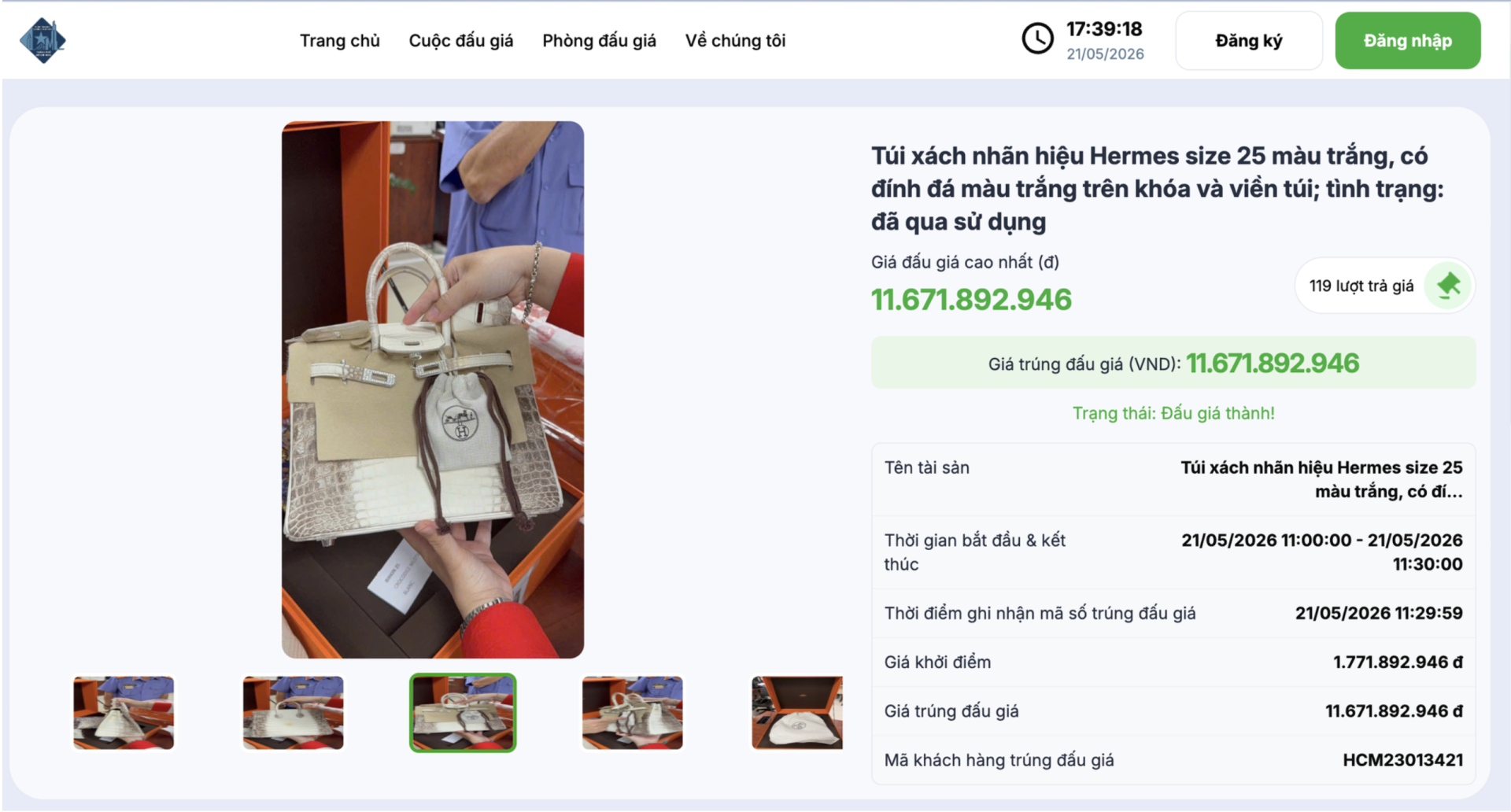 Túi xách 'bạch tạng' size 25 của bà Trương Mỹ Lan được đấu hơn hơn 11 tỷ đồng - Ảnh: Trung tâm đấu giá TPHCM