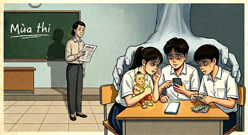 Báo động việc trẻ mượn “vật linh thiêng” đối phó áp lực thi cử Không ít học sinh tìm bùa hộ mệnh, búp bê cầu may... với hy vọng đạt điểm số cao trong thi cử - Ảnh minh họa do trí tuệ nhân tạo (AI) vẽ
