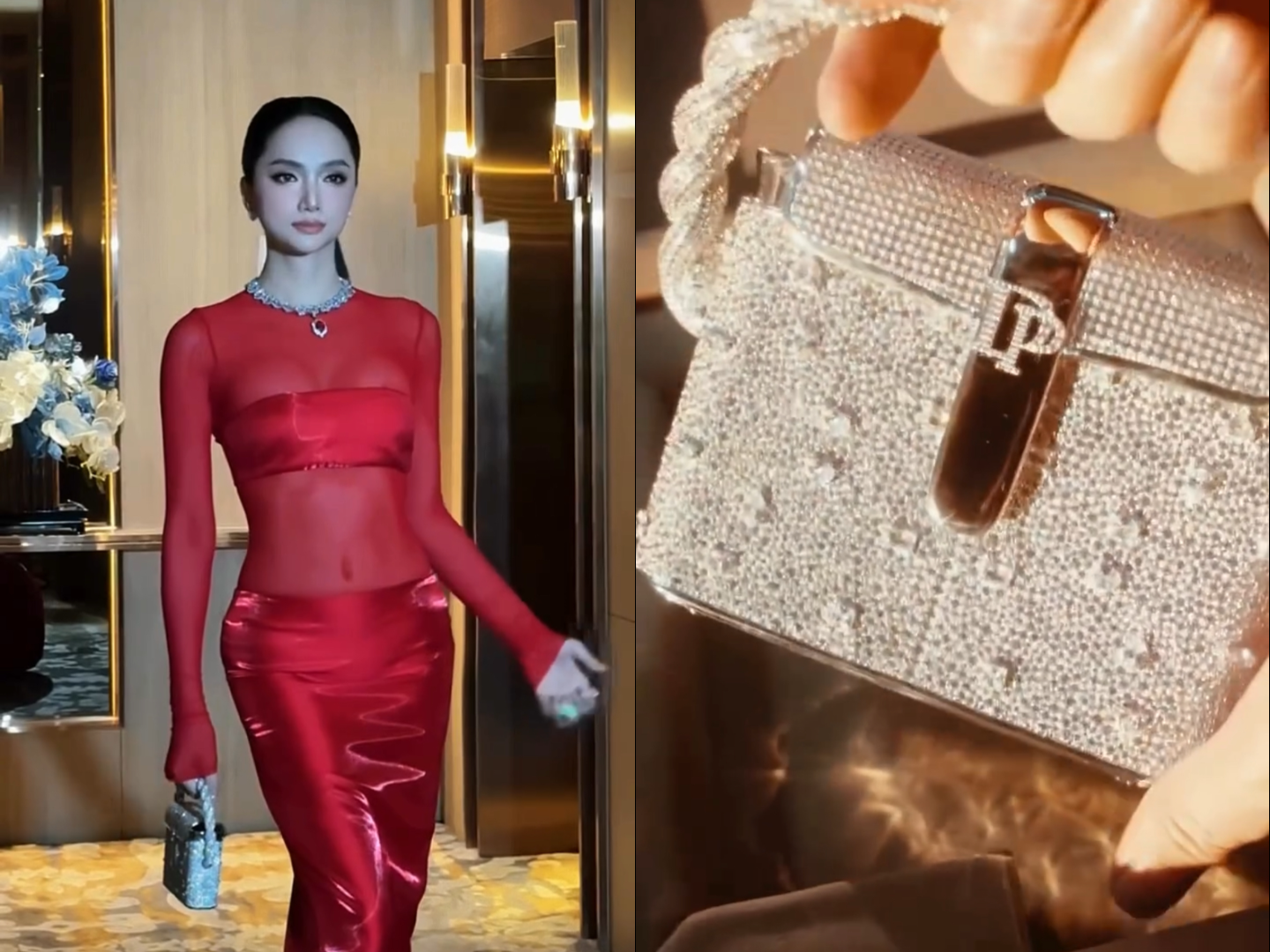 Sáng 26/5, các thí sinh của cuộc thi Miss Grand All Stars bước vào phần thi phỏng vấn với ban giám khảo, đơn vị tổ chức. Hoa hậu Hương Giang diện đầm đỏ, mang theo túi làm từ 1,3 kg vàng và đính 8.923 viên kim cương. 