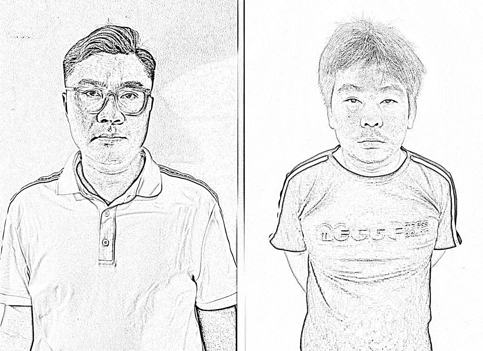 Đối tượng Nguyễn Phước Tiền (bìa trái) và Lê Ngọc Đức tại cơ quan công an - Ảnh CACC