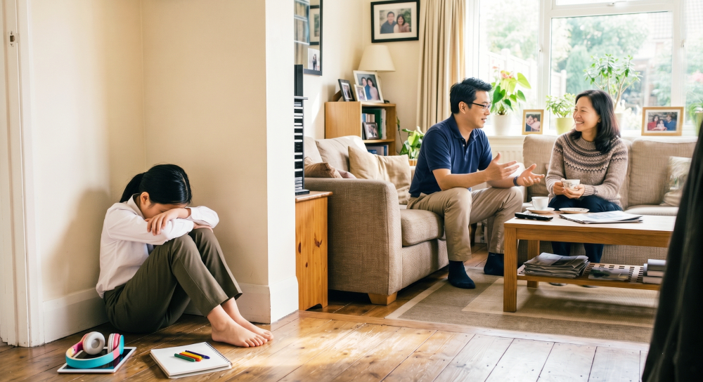 Nhiều trẻ có biểu hiện thu mình, né tránh giao tiếp hoặc thay đổi cảm xúc khi gặp vấn đề ở trường, nhưng cha mẹ dễ nhầm đó chỉ là tâm lý tuổi dậy thì Ảnh minh họa do trí tuệ nhân tạo (AI) vẽ