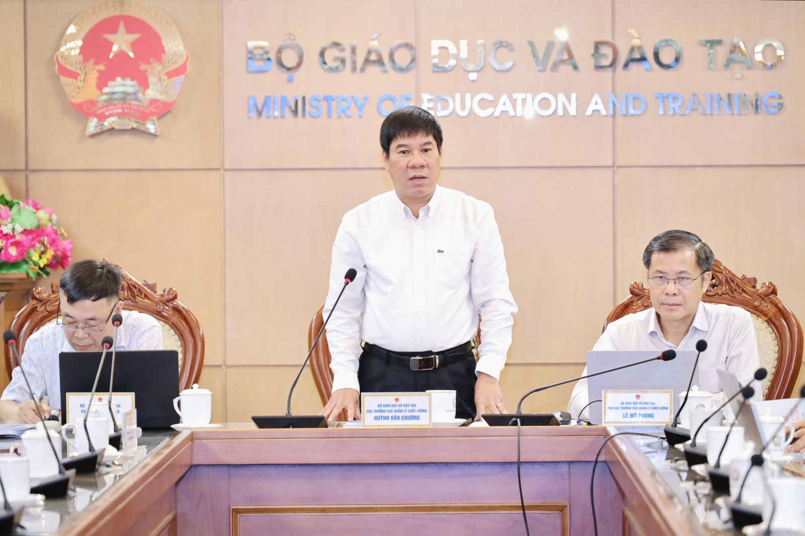 Cục trưởng Cục Quản lý chất lượng Huỳnh Văn Chương phát biểu tại hội nghị - Ảnh: MOET