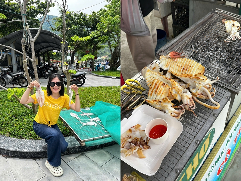 chị Thanh thưởng thức mực 1 nắng tại chợ