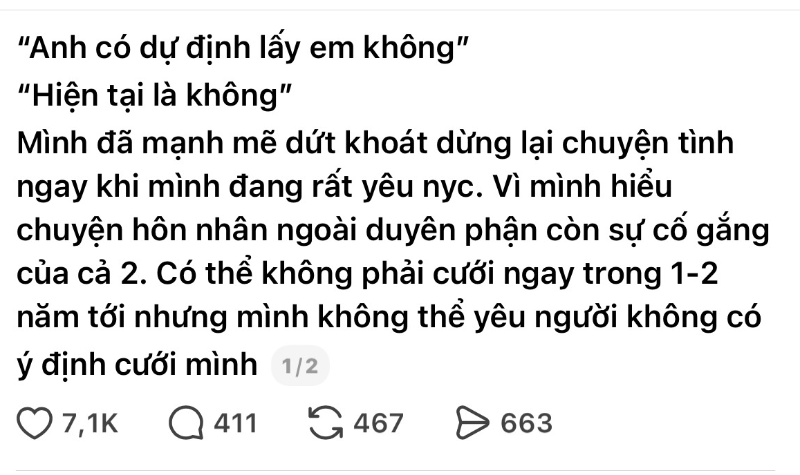 Câu chuyện một cô gái chia tay khi còn yêu vì bạn trai không có ý định tiến tới hôn nhân gây chú ý trên mạng xã hội - Ảnh chụp màn hình