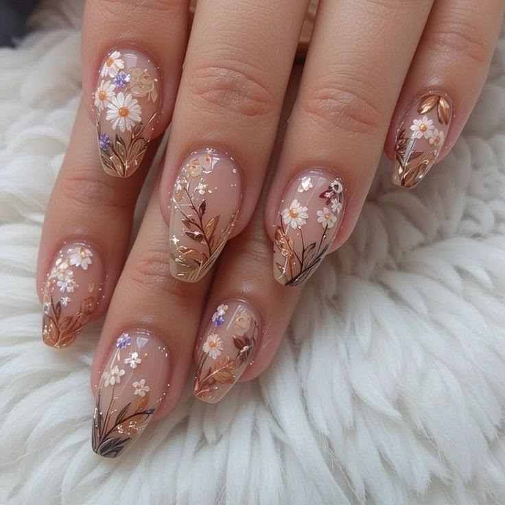 Họa tiết hoa không chỉ dành cho mùa xuân mà đang được ưa chuộng  trong mùa hè này. Những hoa cúc nhỏ xíu, li ti vẽ trên nền màu nude, sơn thêm đầu móng nữa thì trông rất lãng mạn và đáng yêu. Nếu bạn muốn ấn tượng hơn thì thử tạo hoa bằng đá, vẽ hoa 3D hoặc đính hoa ép khô - Ảnh: Le Linda