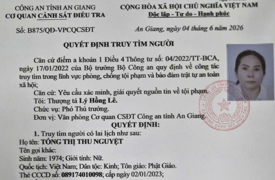 Truy tìm đối tượng Tống Thị Thu Nguyệt