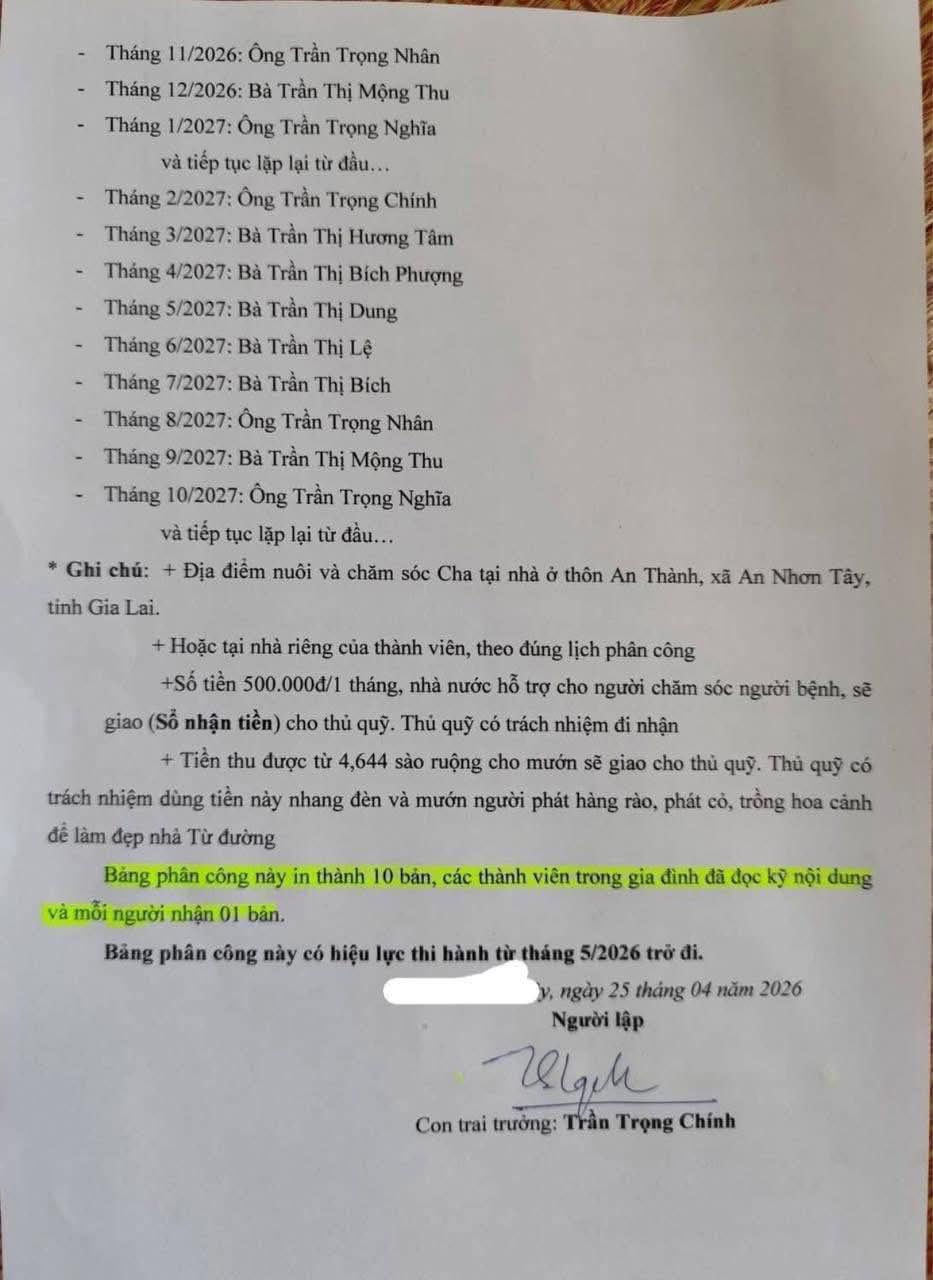 Bảng phân công rõ ràng đến cả 10/2027 và đi kèm với các phân chia tài sản 