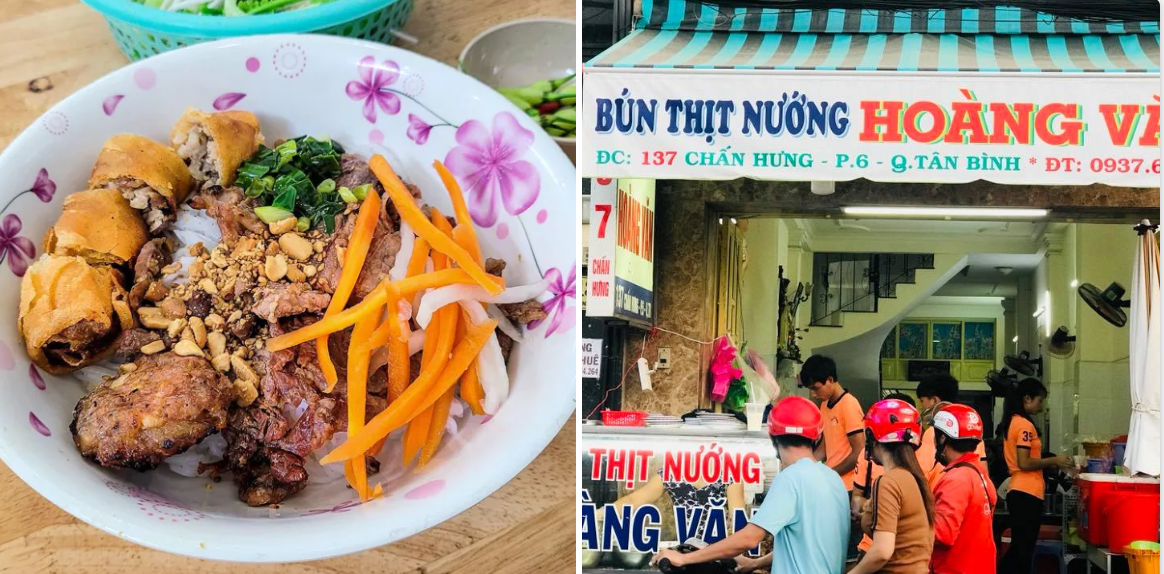 Bún thịt nướng Hoàng Văn - 137 Chân Hưng, phường Tân Hòa (quận Tân Bình  trước đây), mở cửa từ 7g -20g30 các ngày trong tuần.Tô bún ở đây có thịt nướng thơm ngon, chả giò giòn tan; có thêm đậu phộng rang, dưa chua, rau thơm, xà lách, giá. Nước mắm chua ngọt là linh hồn nên vị đặc trưng của nước mắm đã thu hút khách đến với quán mỗi ngày. 