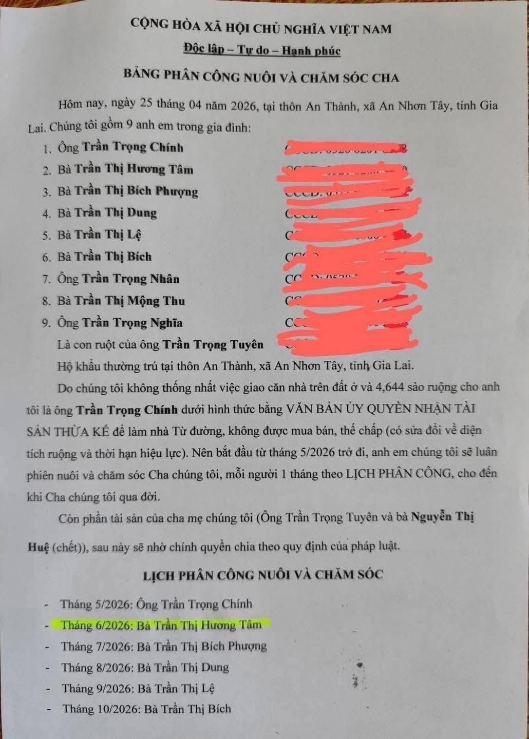 Bản phân công nuôi va chăm sóc cha - Ảnh Facebook