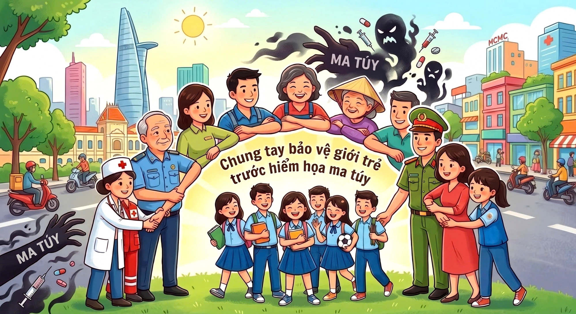 Dựng 'lá chắn' bảo vệ giới trẻ trước ma túy thế hệ mới Sự phối hợp chặt chẽ giữa gia đình, nhà trường và xã hội là lá chắn bảo vệ thanh thiếu niên khỏi ma túy mới Ảnh minh họa do trí tuệ nhân tạo (AI) vẽ