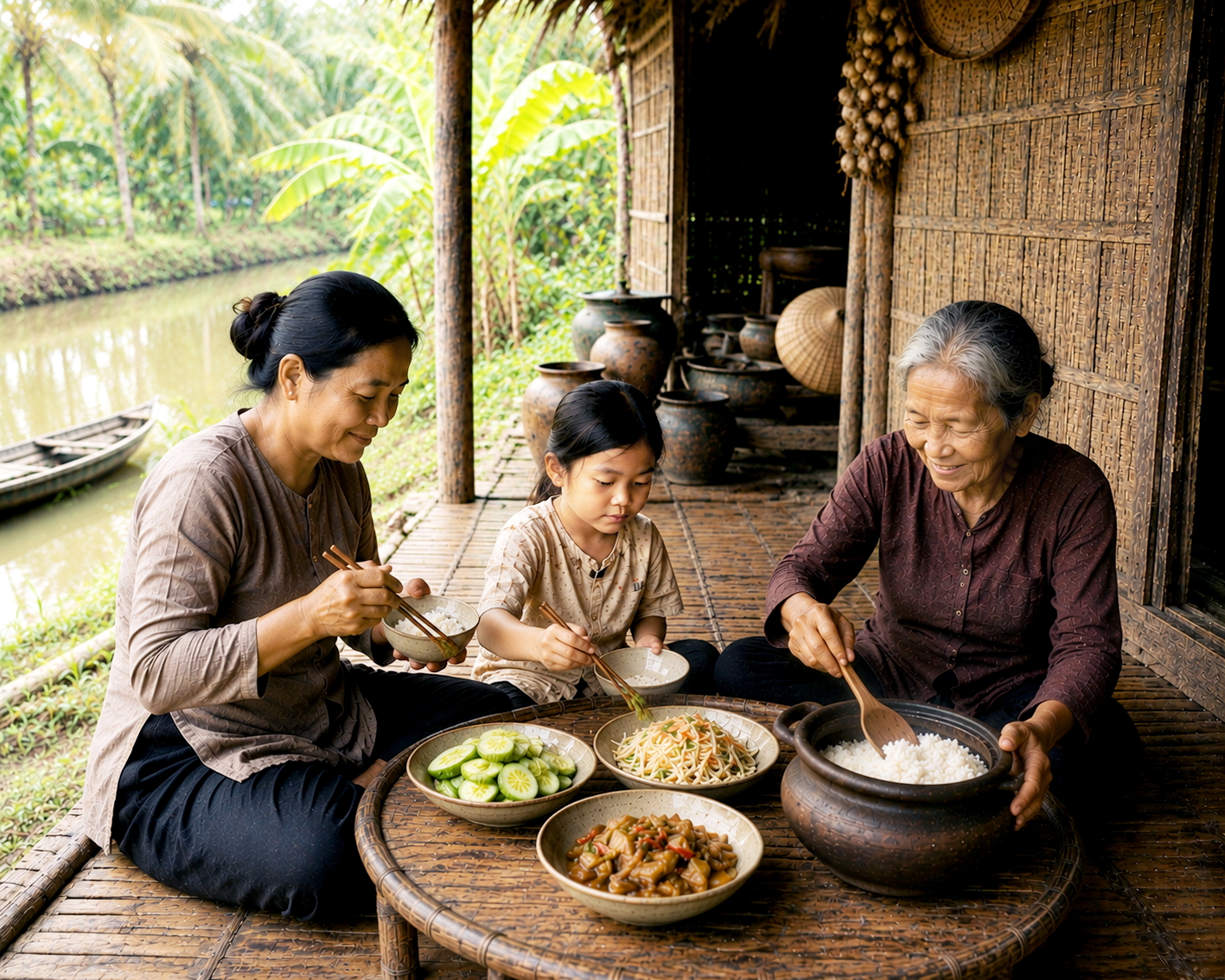Những bữa cơm với mắm bên bà và mẹ là ký ức đọng mãi trong lòng tác giả - Ảnh minh họa do trí tuệ nhân tạo (AI) vẽ
